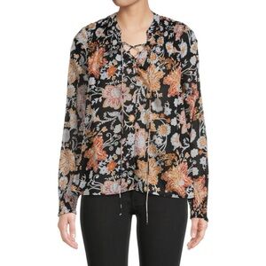 Saks Fifth Avenue Black Lace-Up Botanical Print Top